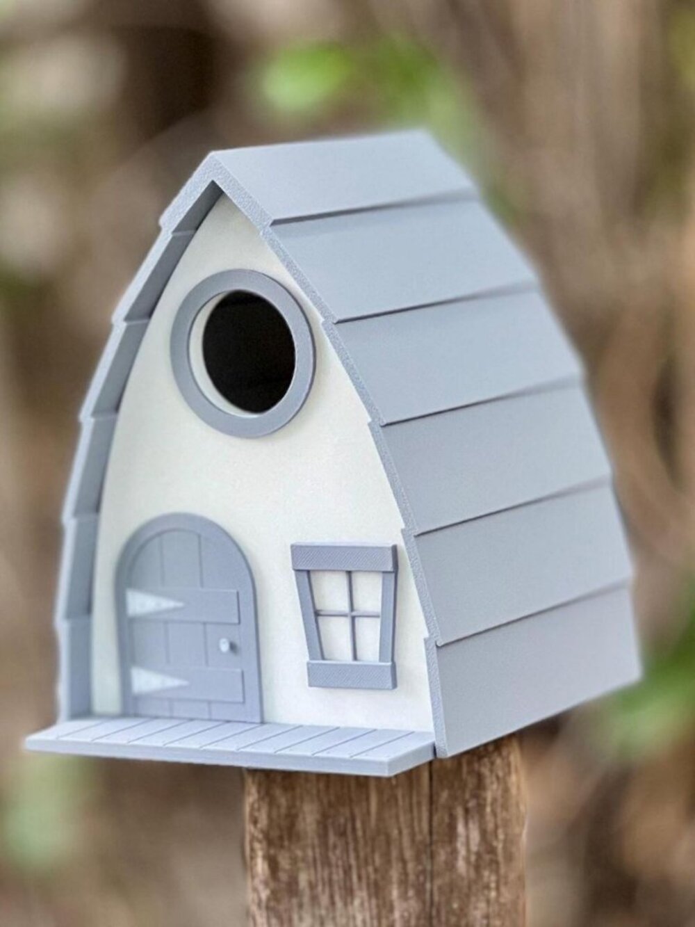 Gray White Whimsical Birdhouse with Mounting Bracket and Removable Floor